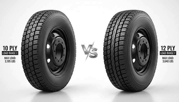Comparison of 10 ply and 12 ply tires highlighting differences in tire load rating with a versus symbol in the center