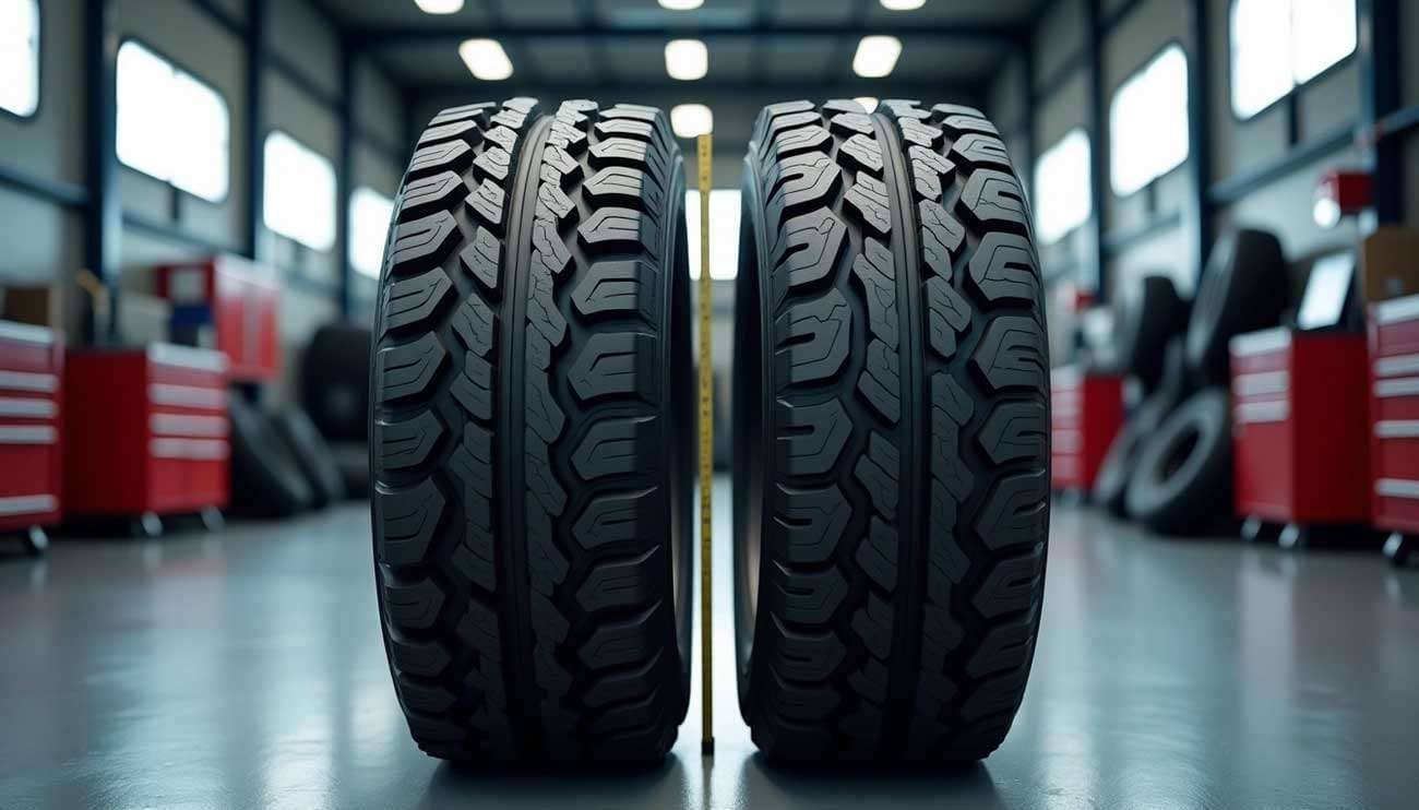Two large truck tires side by side in a workshop highlighting differences in ply rating and tread design
