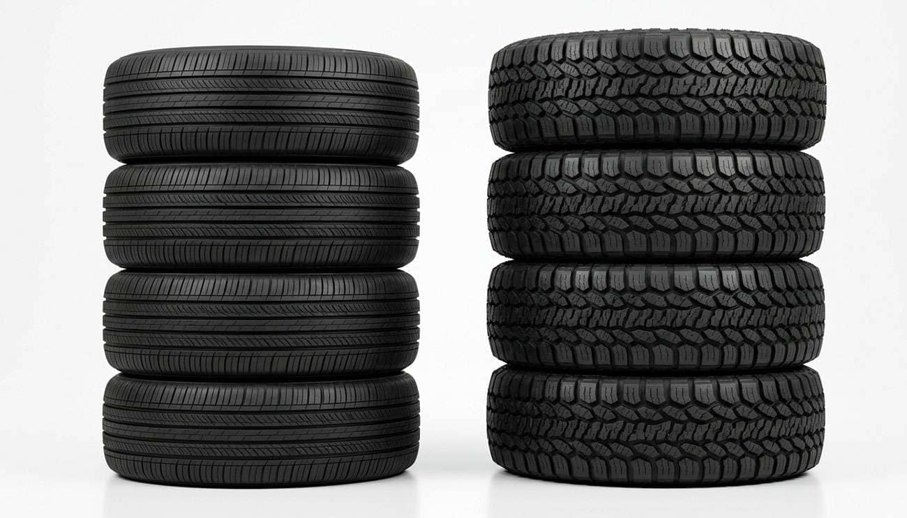 Four new passenger car tires beside four larger light truck all-terrain tires showing how far a 1,000 dollar tire budget stretches by vehicle type