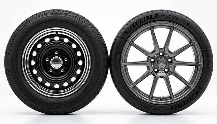 Side by side comparison of a tall sidewall 14 inch tire next to a low profile modern tire showing the difference in sidewall height