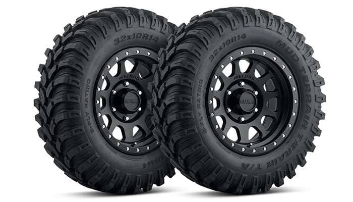 Fourteen inch UTV beadlock wheel mounted with a tall aggressive mud terrain tire