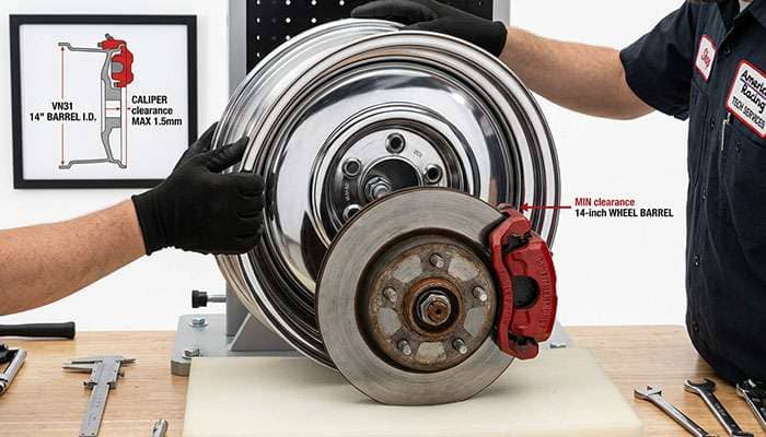 Fourteen inch wheel held against a front disc brake rotor and caliper showing tight clearance inside the barrel
