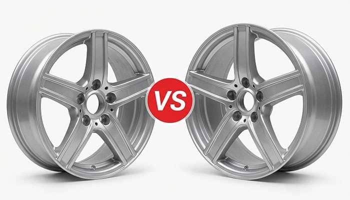 Comparison of 15-inch and 17-inch car rims displayed side by side with a red versus symbol in the center