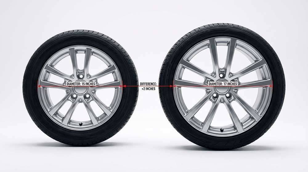 Comparison of 15-inch and 17-inch wheels and tires next to a black car with text asking which is the faster setup
