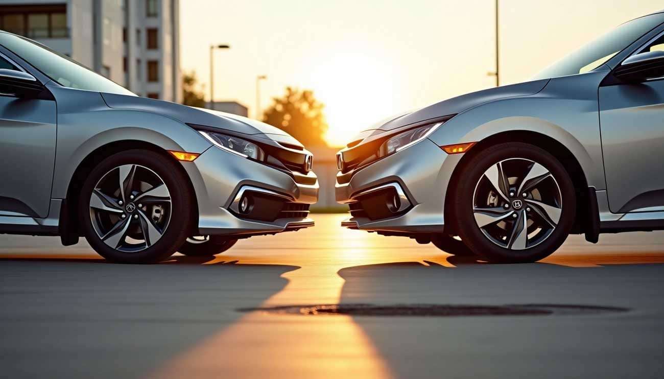 Two silver cars facing each other at sunset highlighting their wheels for a wheel size upgrade guide