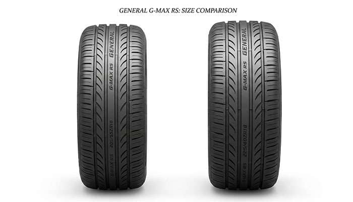 General G-MAX RS 205/55ZR16 tire beside a General G-MAX RS 225/40ZR18 tire showing the same tread in two sizes