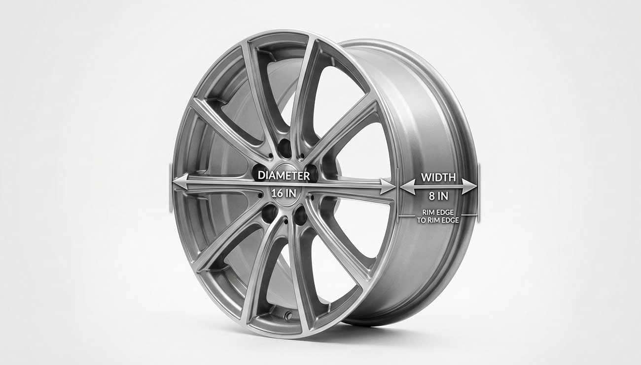 16x8 wheel measurement diagram showing diameter and width specifications