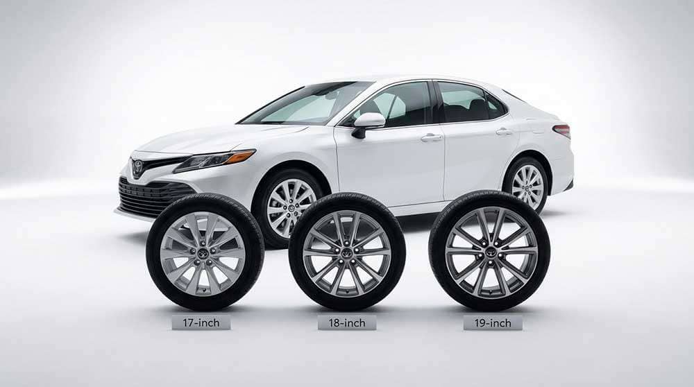 White car with 17, 18, and 19-inch tires displayed in front, illustrating size differences and labeled accordingly