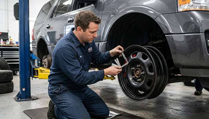 Technician checking brake caliper clearance behind the spokes of a 17-inch six-lug steel wheel test-fitted on a full-size SUV