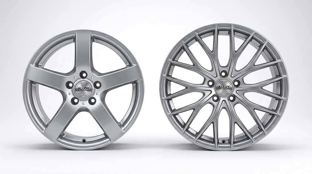 Comparison of 17-inch and 19-inch silver alloy wheels side by side with a red and gray background