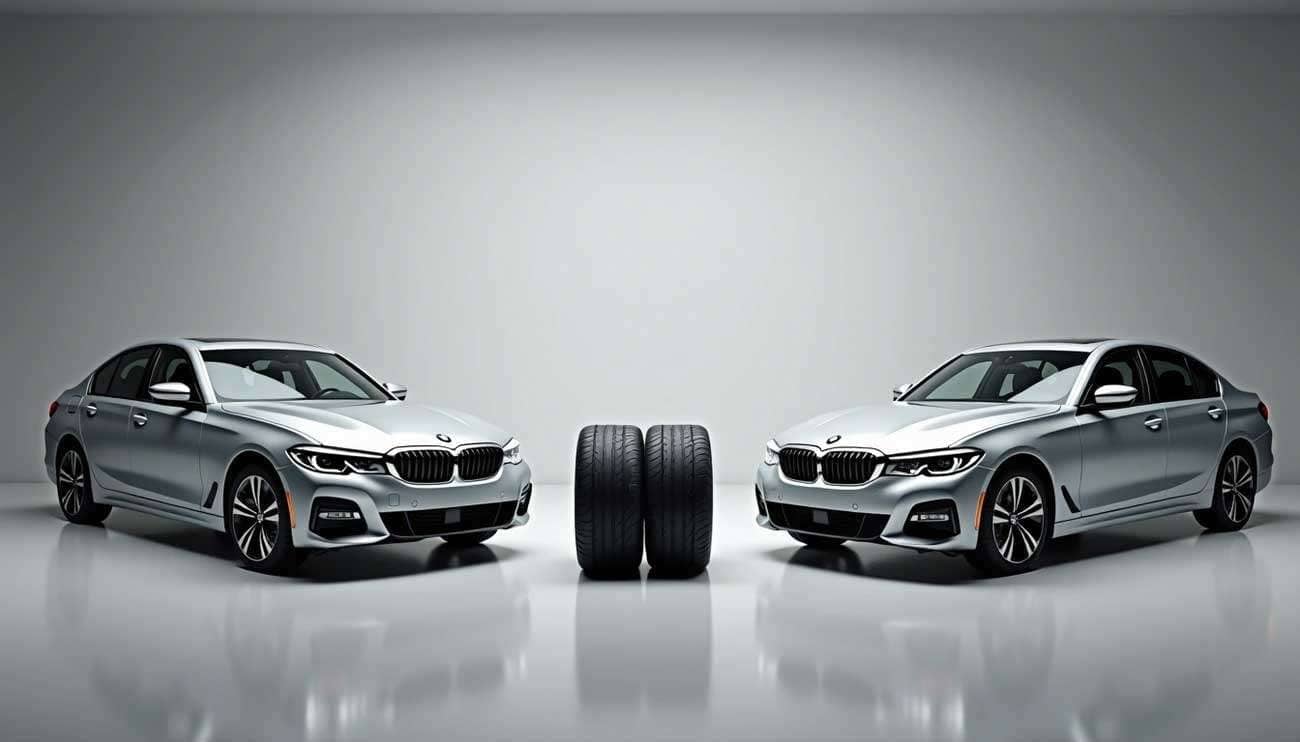 Two silver BMW sedans face each other with 17 and 19 inch tires displayed between them on a reflective surface