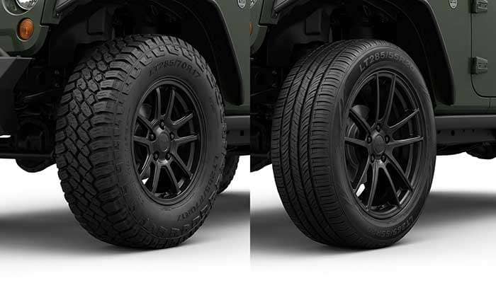 Comparison of 17-inch and 20-inch tires on an off-road vehicle highlighting the benefit of larger sidewalls