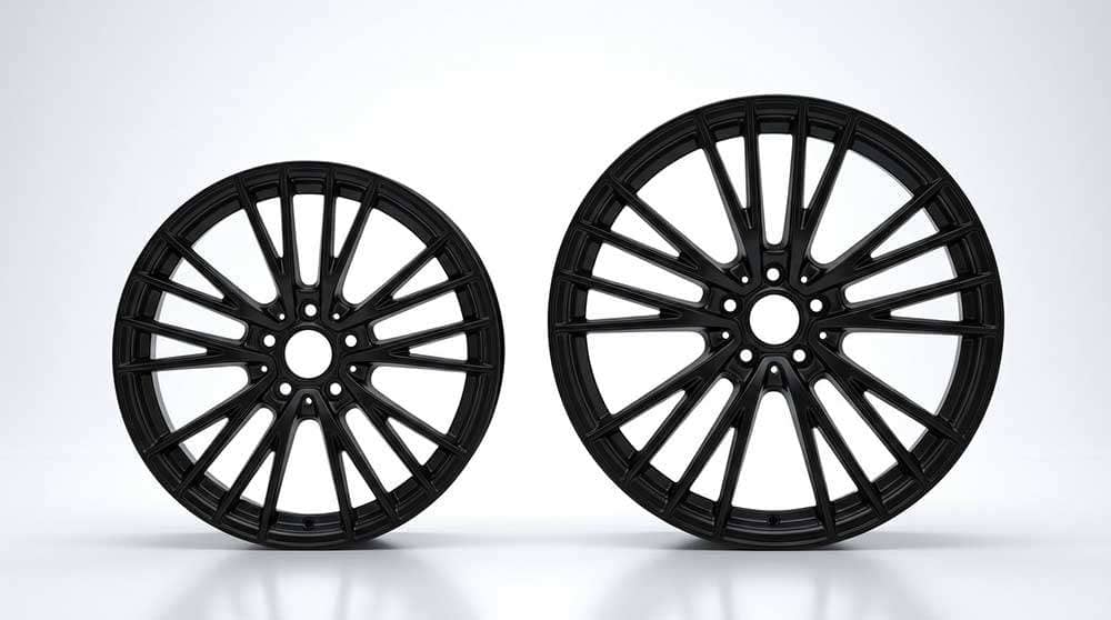 Comparison of 17-inch and 20-inch black alloy wheel rims with modern spoke designs side by side