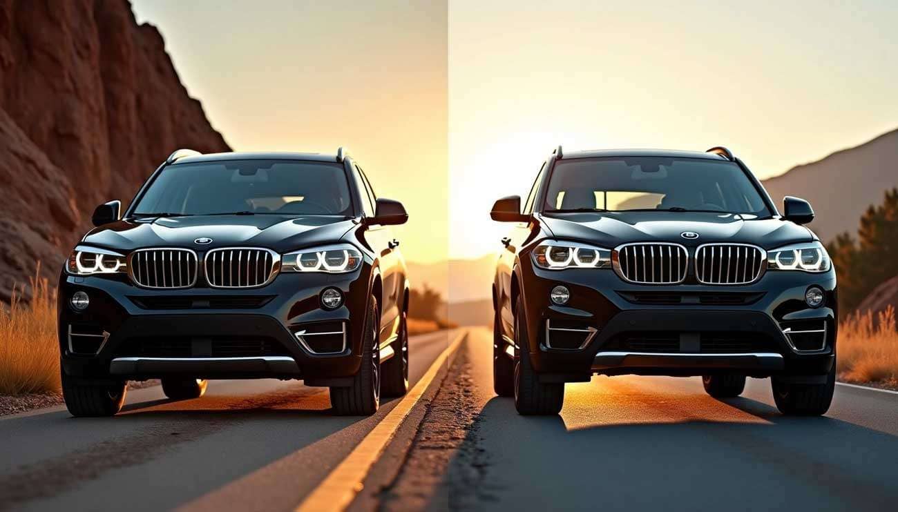 Two black SUVs with different wheel sizes, 17-inch on the left and 20-inch on the right, parked on a road at sunset