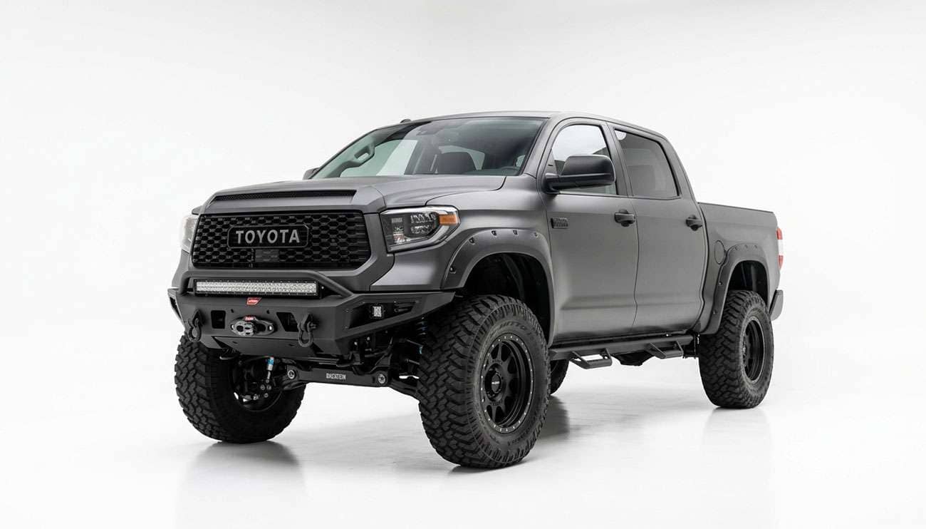 Lifted off-road truck on 17x9 negative-offset wheels wrapped in 35-inch mud-terrain tires on a trail