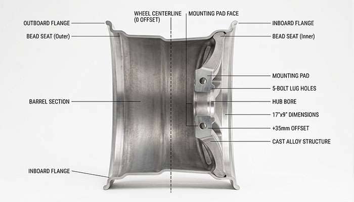 Cross-section diagram of a 17x9 wheel showing centerline, mounting pad, positive offset, negative offset, and backspacing
