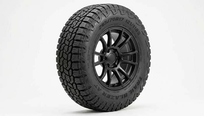 All-terrain truck tire mounted on a 17x9 wheel showing shoulder contact and sidewall profile