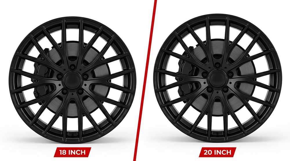 Side-by-side comparison of black 18-inch and 20-inch car rims with vs text in the center on a red and white background