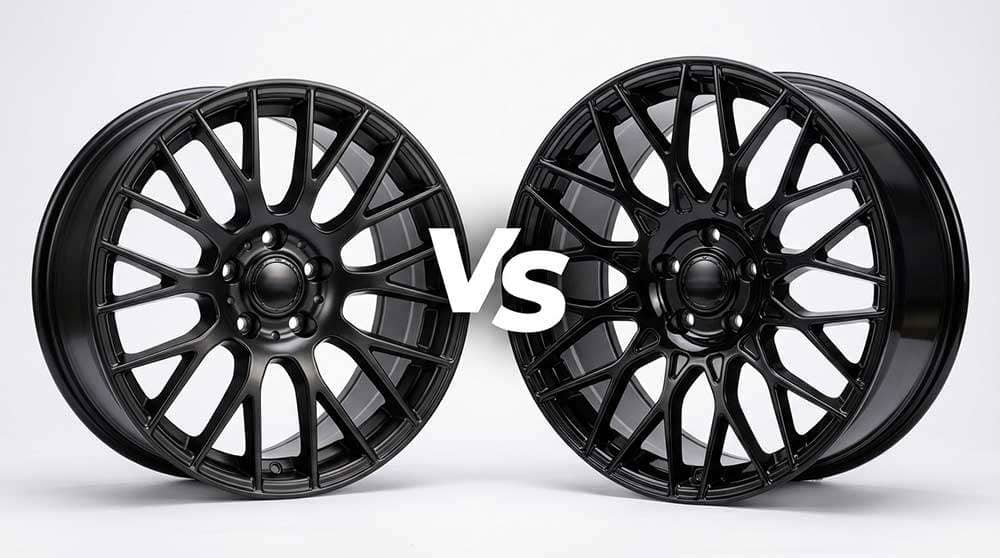 Comparison of black 18-inch and 20-inch car rims side by side with VS text in the center