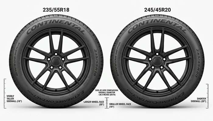Continental ExtremeContact DWS06 Plus 235/55R18 tire on an 18-inch wheel beside a Continental ExtremeContact DWS06 Plus 245/45R20 tire on a 20-inch wheel showing the sidewall difference