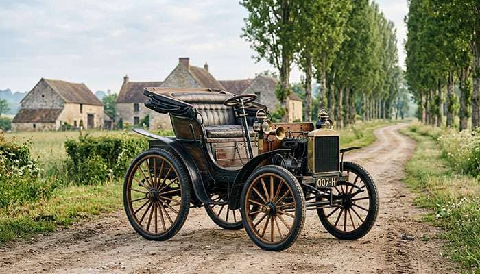 1890s open automobile on early narrow pneumatic tires on a dirt road through the French countryside