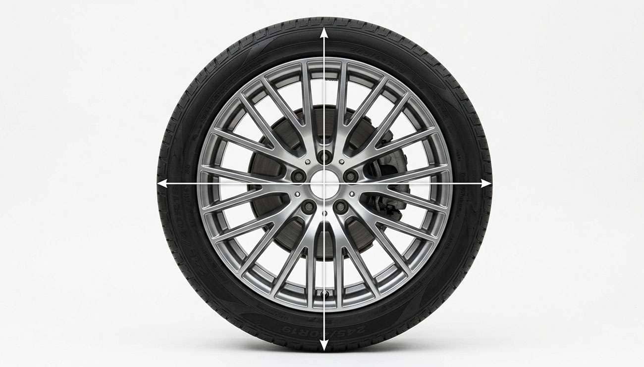 An 18x8 alloy wheel photographed straight on with measurement callouts showing 18-inch diameter and 8-inch width