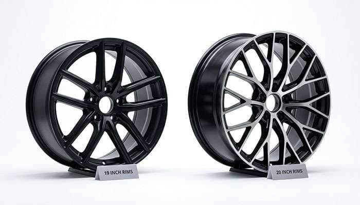 Comparison of black 19-inch and 20-inch car rims side by side with labels