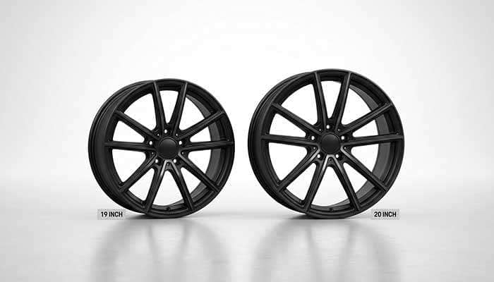 Comparison of black 19-inch and 20-inch car rims side by side