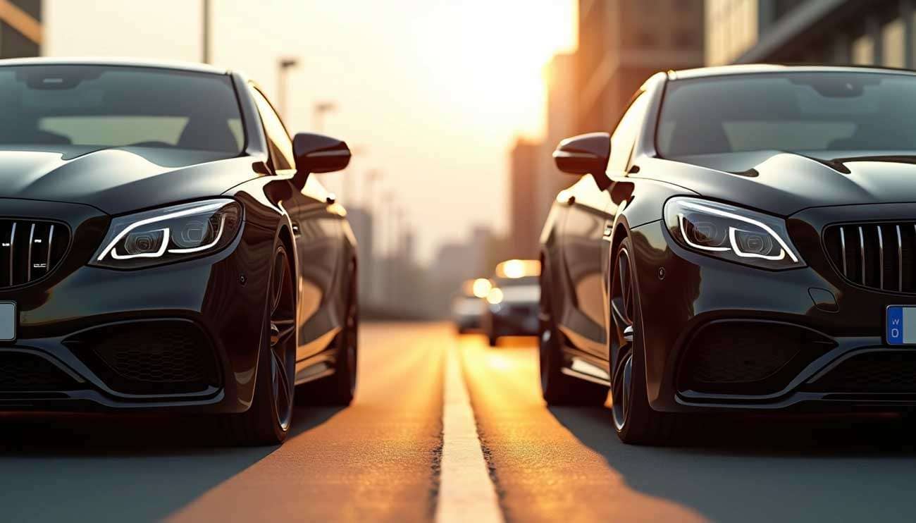 Two black luxury cars with different wheel sizes facing each other on a city street at sunset
