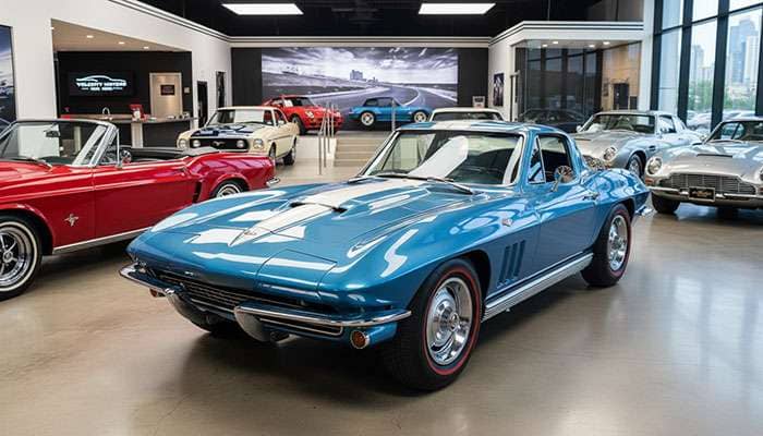Blue 1967 Chevrolet Corvette L88 coupe with racing stripes in a modern showroom with other classic cars