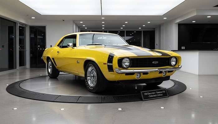 Yellow 1969 Chevrolet Camaro ZL1 with black racing stripes displayed in a modern showroom under bright lights