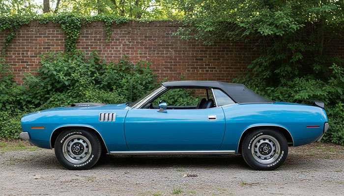 1971 Plymouth Hemi 'Cuda convertible in blue with black accents parked on gravel near brick wall and greenery