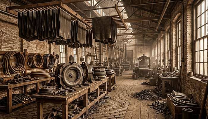 Late 19th-century rubber goods factory floor with raw rubber sheets, hoses and early tire molds