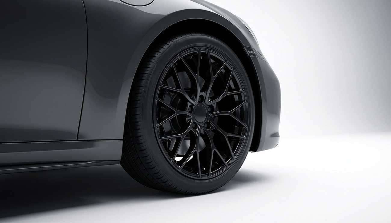 Close-up view of a modern 20-inch black alloy wheel rim with intricate spoke design mounted on a performance vehicle