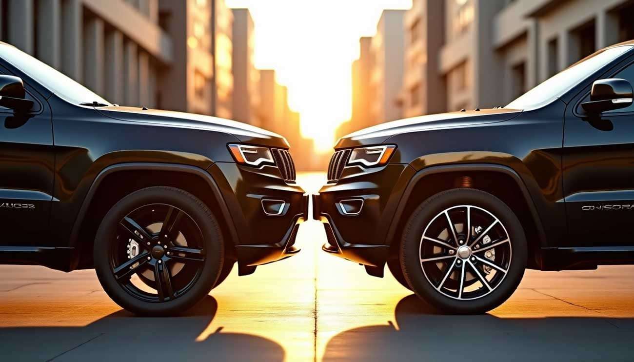 Two black SUVs face each other on a city street at sunset, highlighting the difference between 20-inch and 18-inch wheels