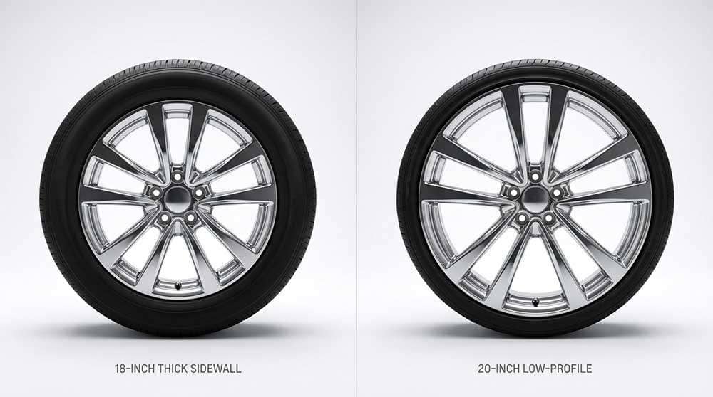Split image showing an 18-inch wheel on the left next to a 20-inch wheel on the right against a blue background