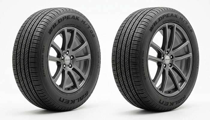 Falken Wildpeak H/T02 275/60R20 tire on a 20-inch wheel beside a Falken Wildpeak H/T02 275/50R22 tire on a 22-inch wheel showing the sidewall height difference