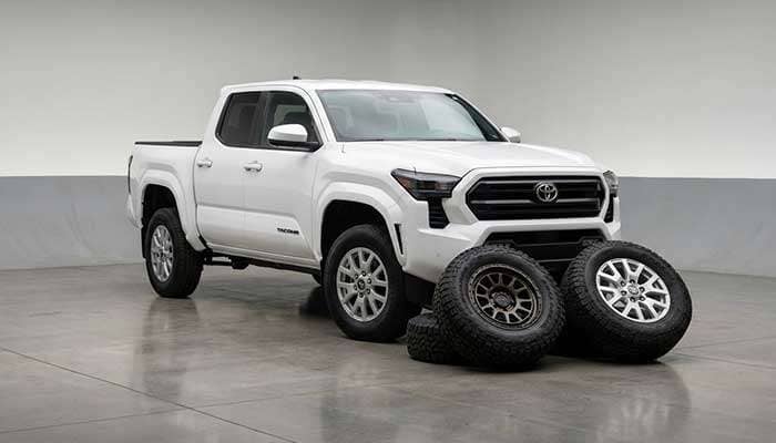 A white 2024 4th Gen Tacoma truck parked with stock and aftermarket tires displayed in front of it