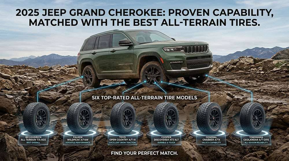 2025 Jeep Grand Cherokee with six best all-terrain tire options displayed below the vehicles on rough terrain.