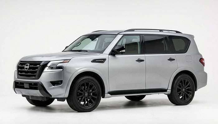 Side view of a silver 2026 Nissan Armada SUV with black wheels against a white background.