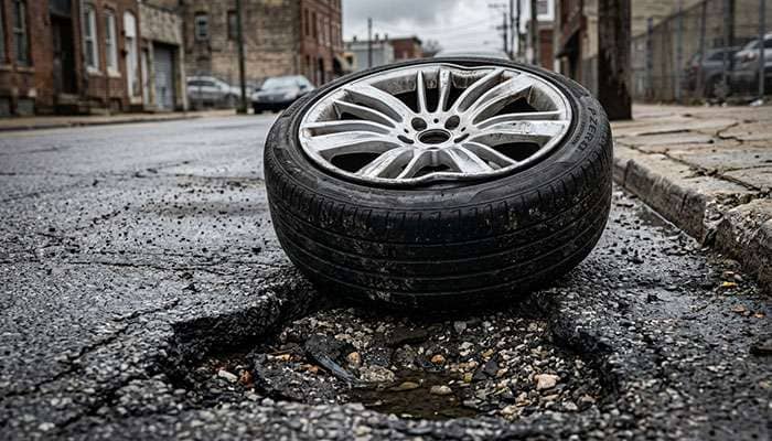 Alloy wheel with a bent outer lip next to a pothole in city pavement