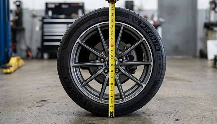 Tape measure held against the sidewall of a mounted 205/50R17 tire