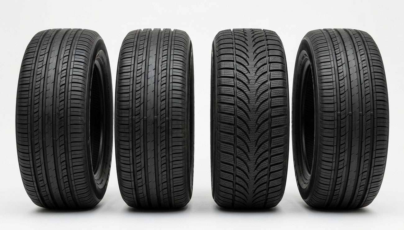 Row of 205/60R16 all-season and winter passenger tires standing upright for comparison