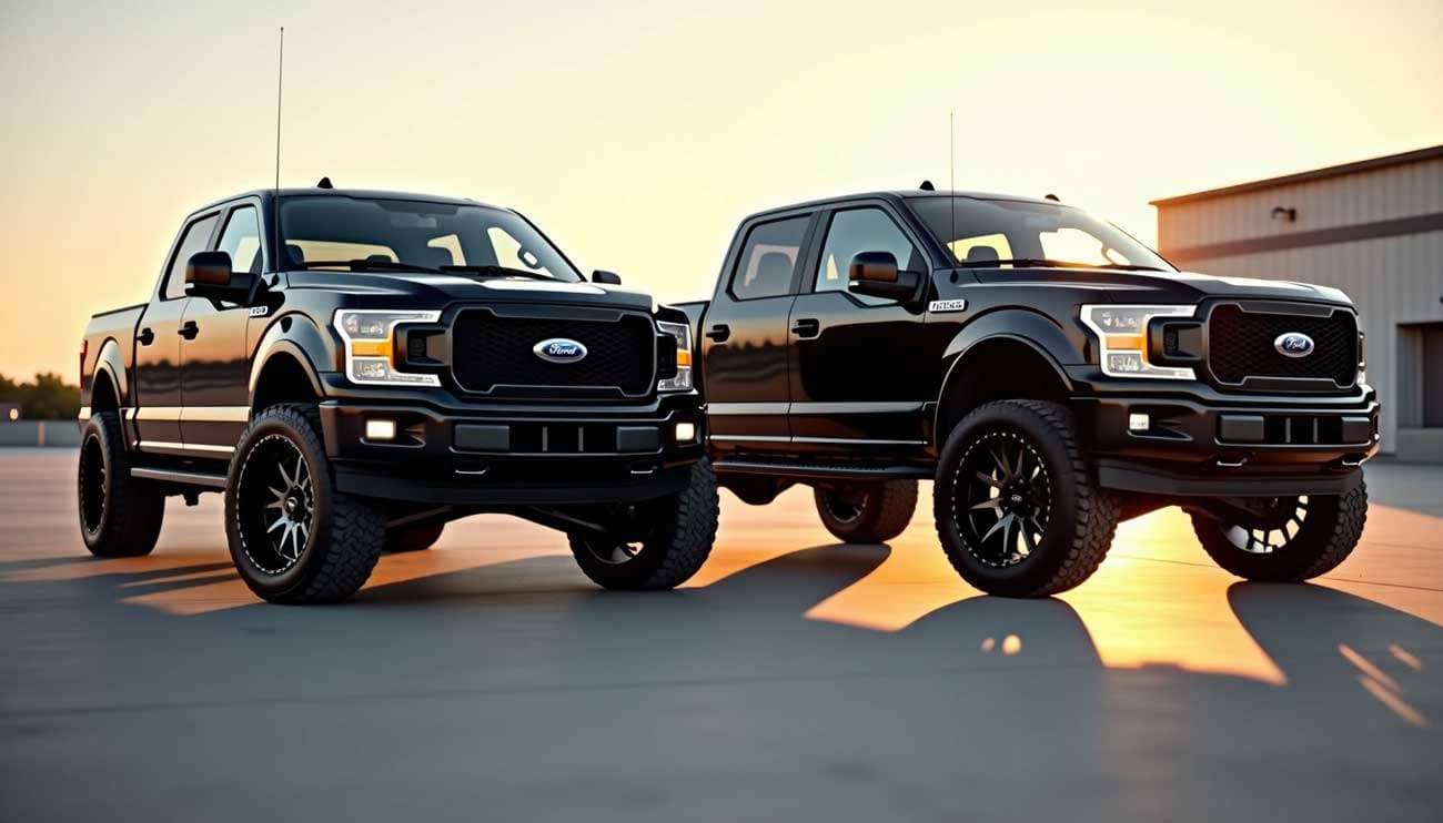 Two black Ford pickup trucks with 20x10 wheels parked side by side at sunset on a concrete surface