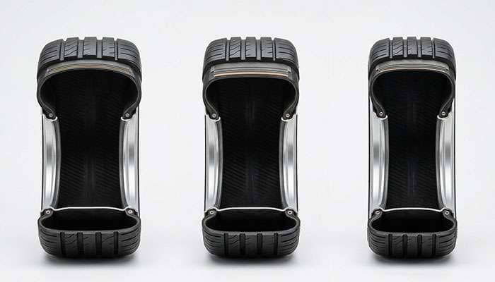 Cross sections of three tires on a nine inch rim showing pinched, flat, and stretched bead profiles