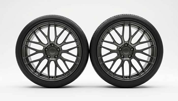 Staggered 21 inch wheel setup showing narrower front wheel beside a wider rear wheel