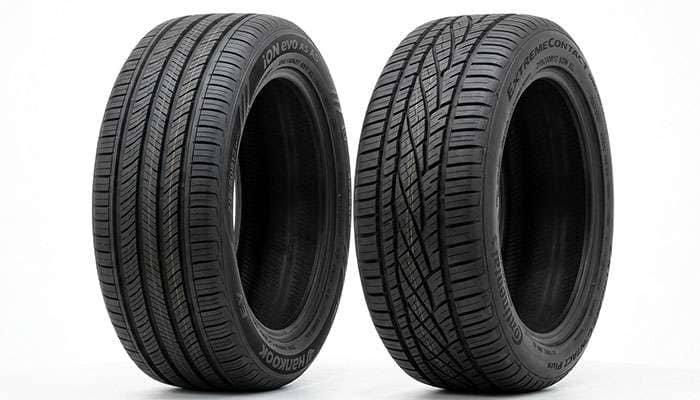 Side by side comparison of an EV-specific tire tread pattern and a conventional all-season tread pattern in 215/50R17