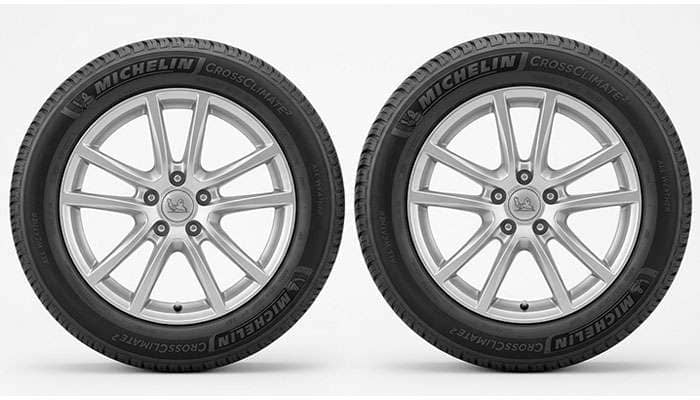 Side by side comparison of a 215/50R17 tire and a taller 215/55R17 tire on matching 17 inch wheels