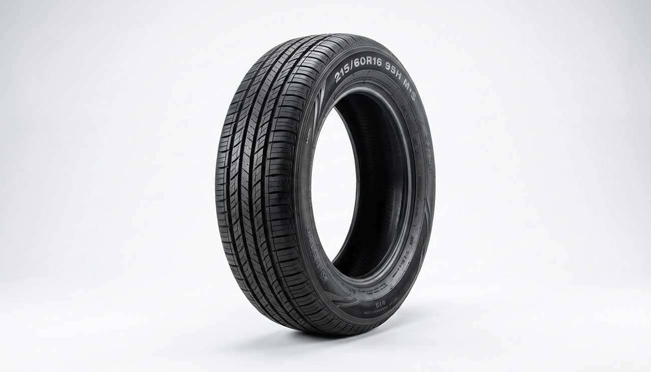 Close-up of a 215 60R16 tire against a plain background