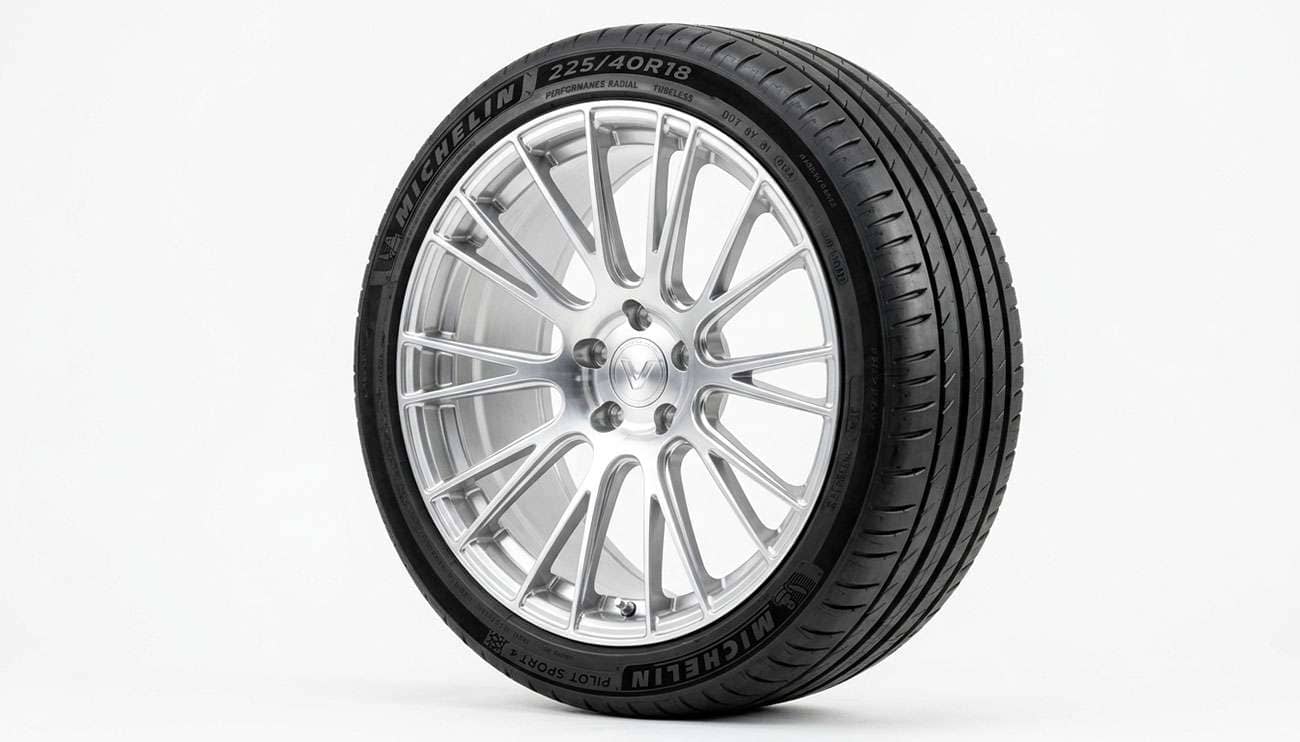 A 225/40R18 low profile tire mounted on a polished alloy wheel showing the short sidewall on a clean white seamless backdrop